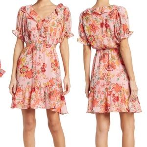 19 COOPER CORAL RUFFLE FLORAL CUT OUT CHIFFON DRESS . SIZE LARGE .